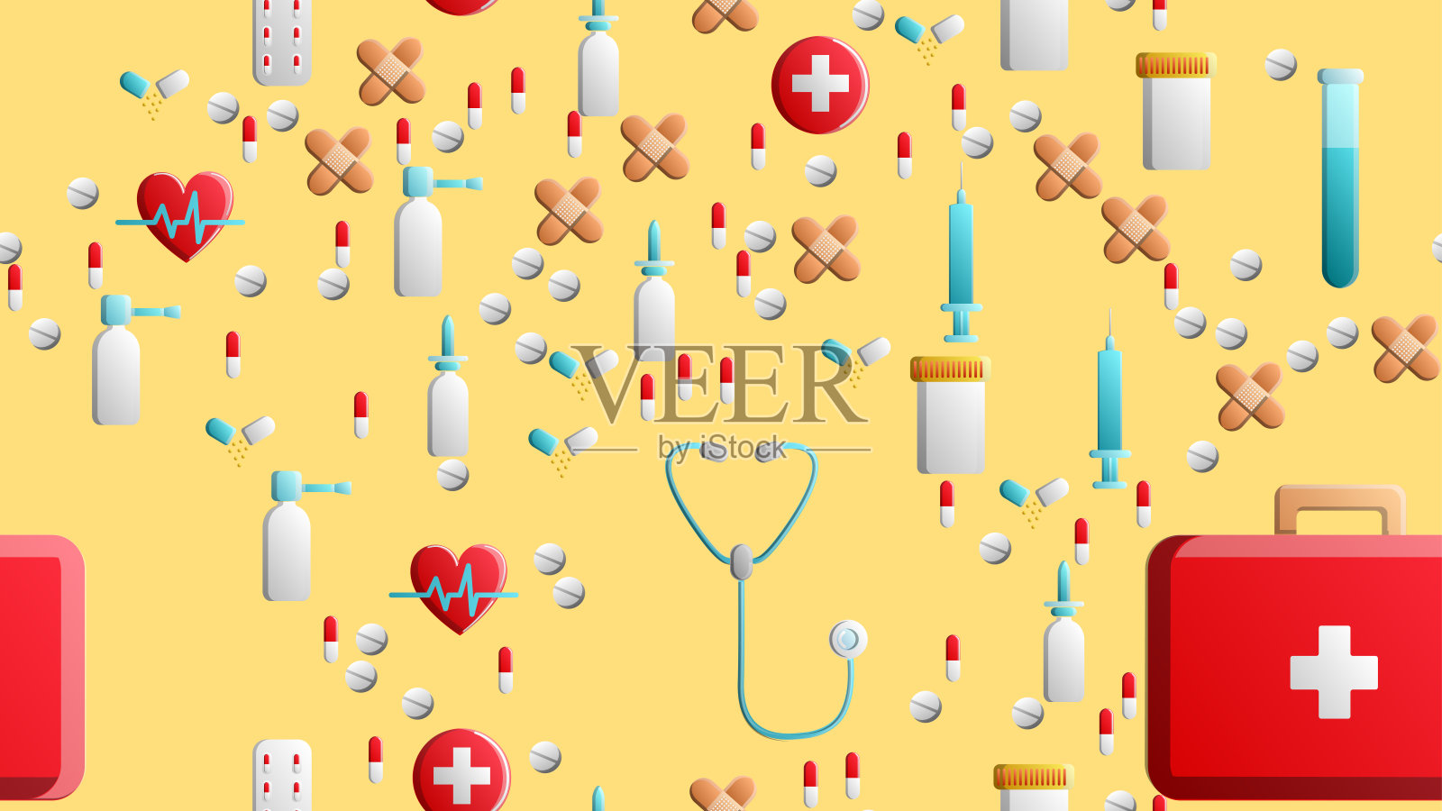 无尽的无缝医疗科学医疗物品图标罐药丸胶囊急救包和听诊器在黄色的背景。矢量图插画图片素材