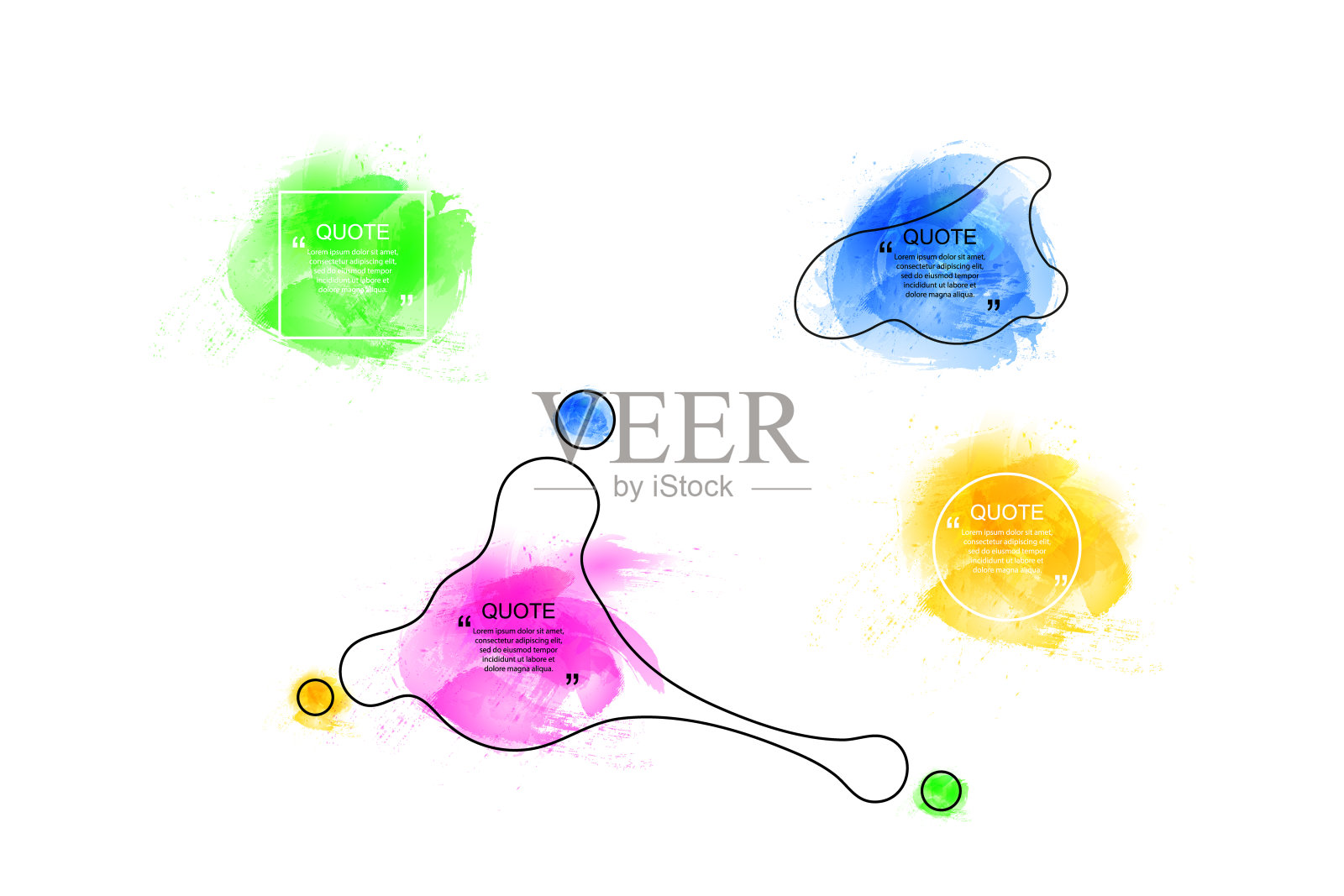 矢量引用框架集,彩色水彩点的背景,孤立的白色设计元素集合。插画图片素材