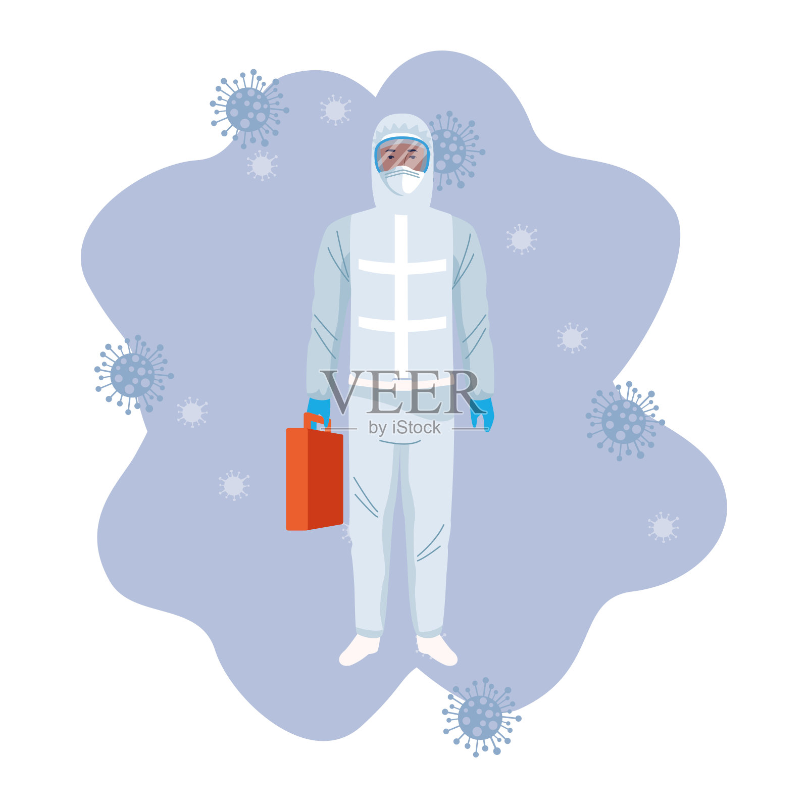 穿着生物危害防护服、携带新型冠状病毒粒子的生物安全工作者插画图片素材