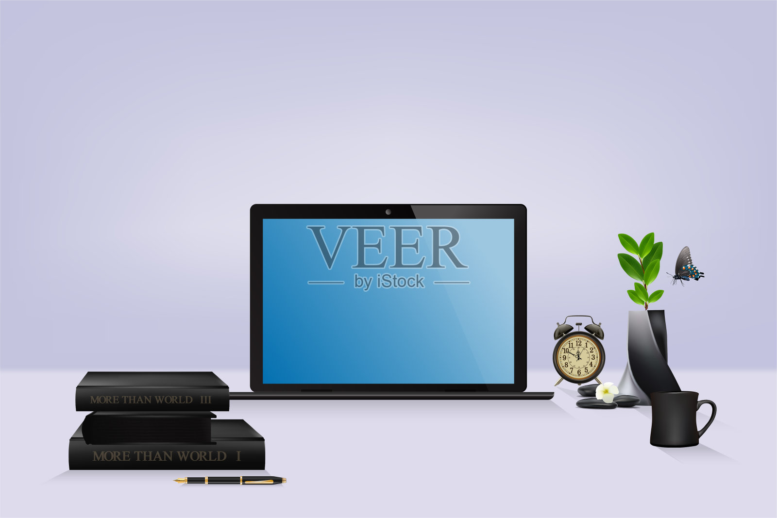 工作场所在现代美丽的家庭办公室,笔记本电脑与蓝色空白屏幕,室内设计。向量和插图。插画图片素材