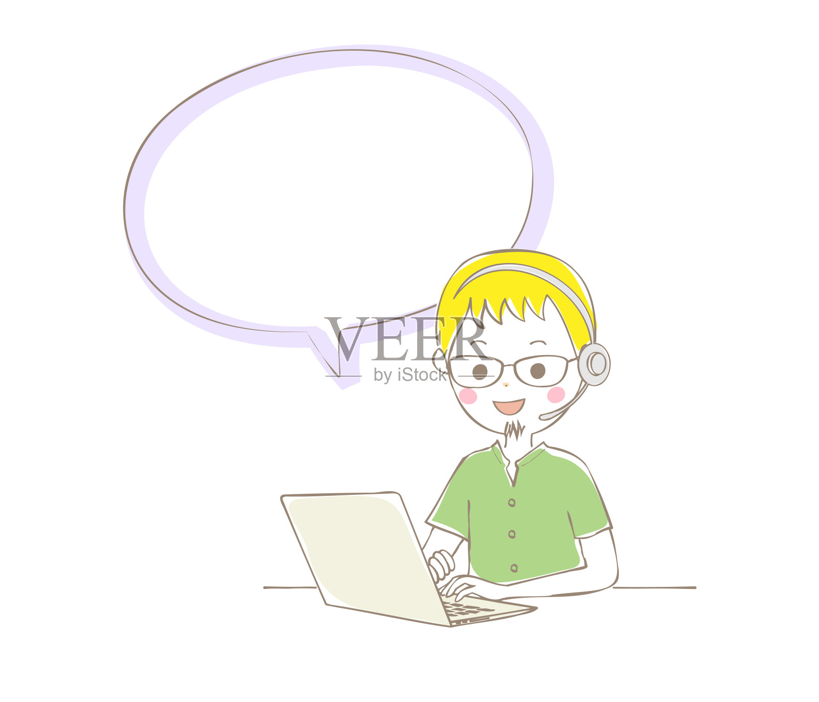 年轻人一边操作一边用笔记本电脑和耳机说话插画图片素材