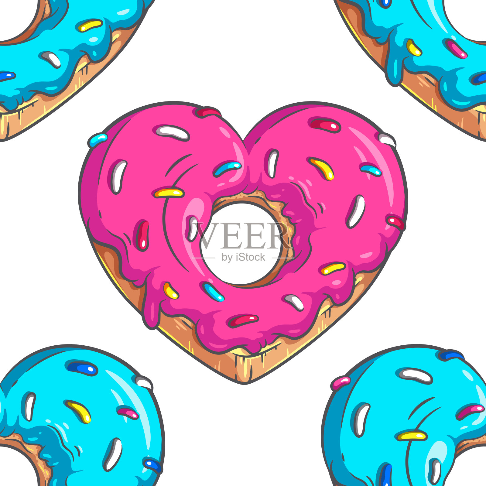 心形甜甜圈矢量彩色无缝图案。背景,包装,菜单,邀请和封面。情人节设计。插画图片素材