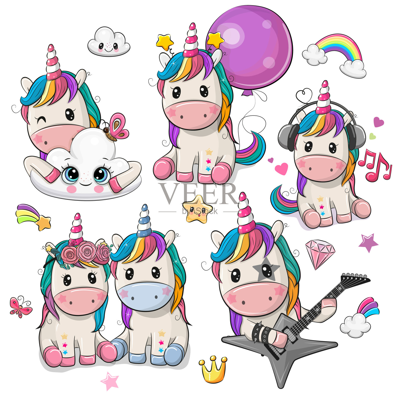 可爱的卡通独角兽孤立在白色的背景插画图片素材