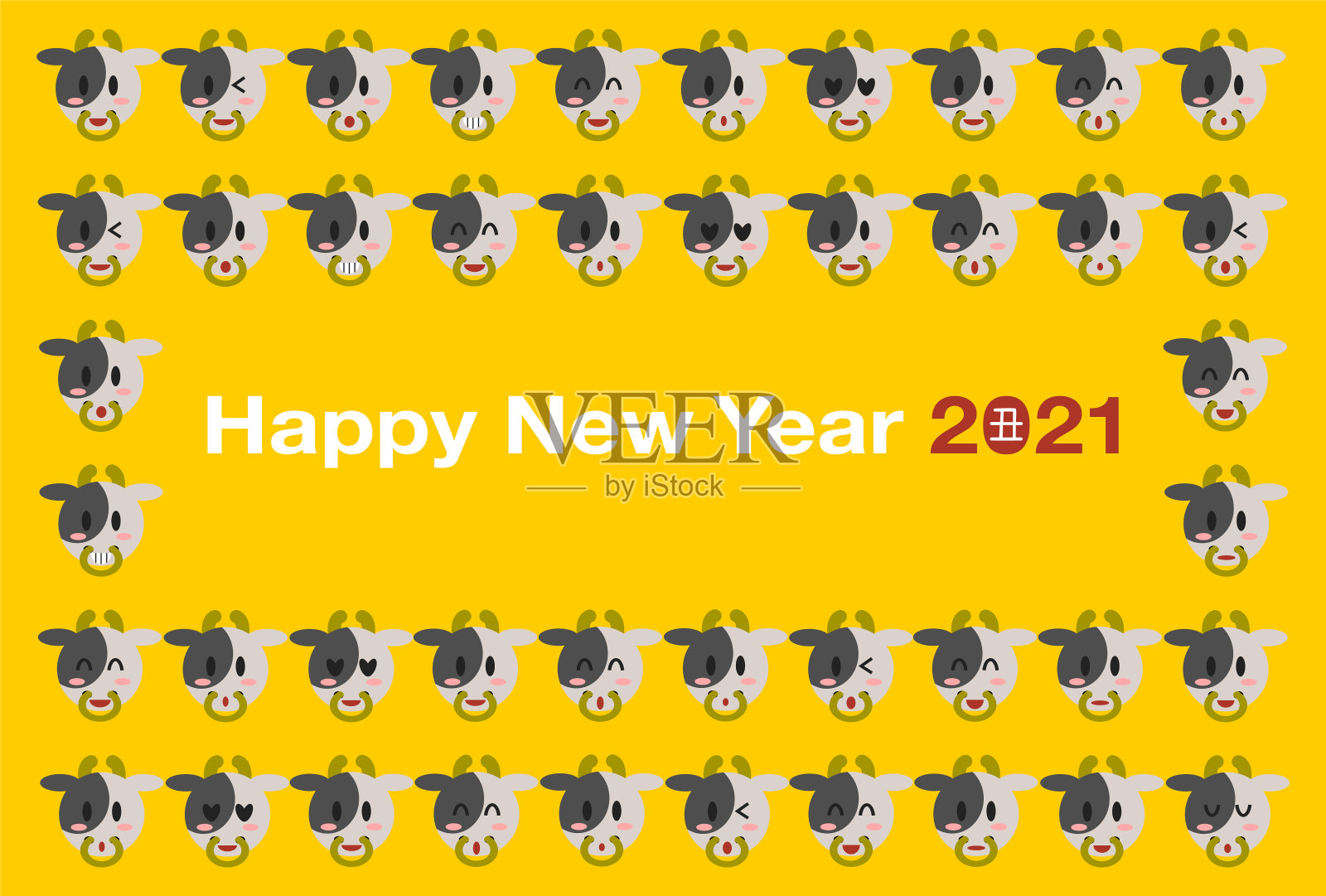 2020年贺年卡。牛年。牛脸矢量图。插画图片素材