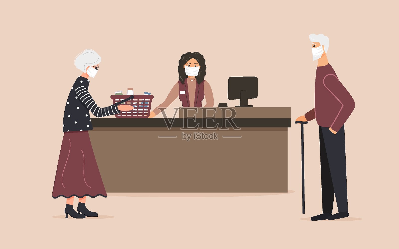 病毒流行期间的杂货店。收银员戴着防护医用口罩在收银台后面为带着购物篮的老年妇女和等待女士的老年男子服务。粉红色背景的出纳员工作场所。向量插画图片素材
