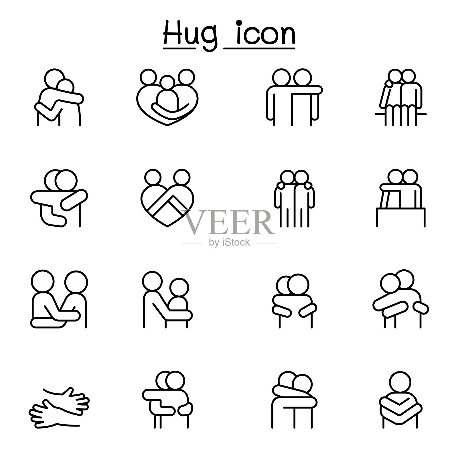 爱人,拥抱,友谊,关系图标设置在细线风格图标素材