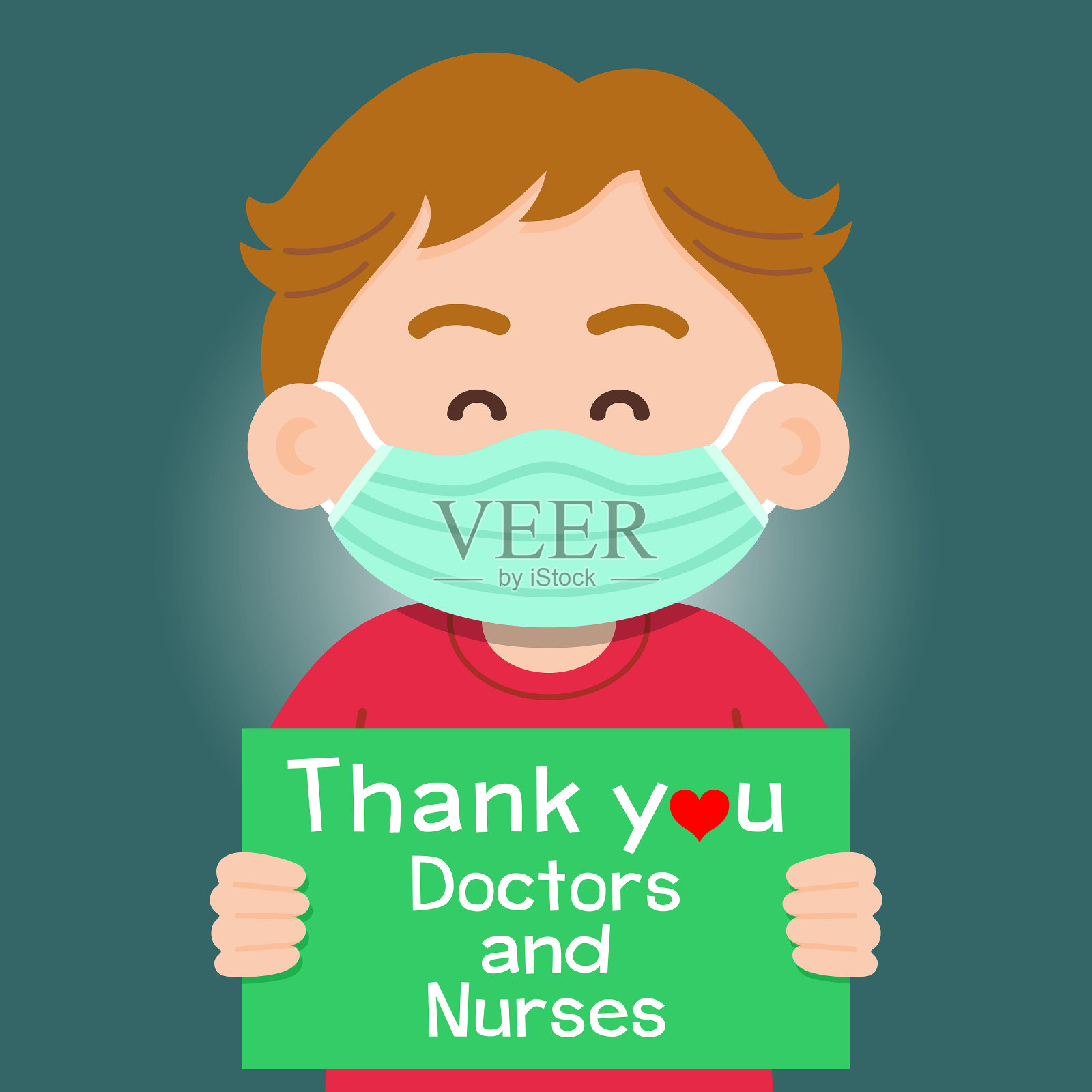 小男孩举着一个牌子,上面写着感谢在医院工作的医生和护士和新冠病毒(COVID-19)作斗争的信息,矢量插图背景为您的设计插画图片素材