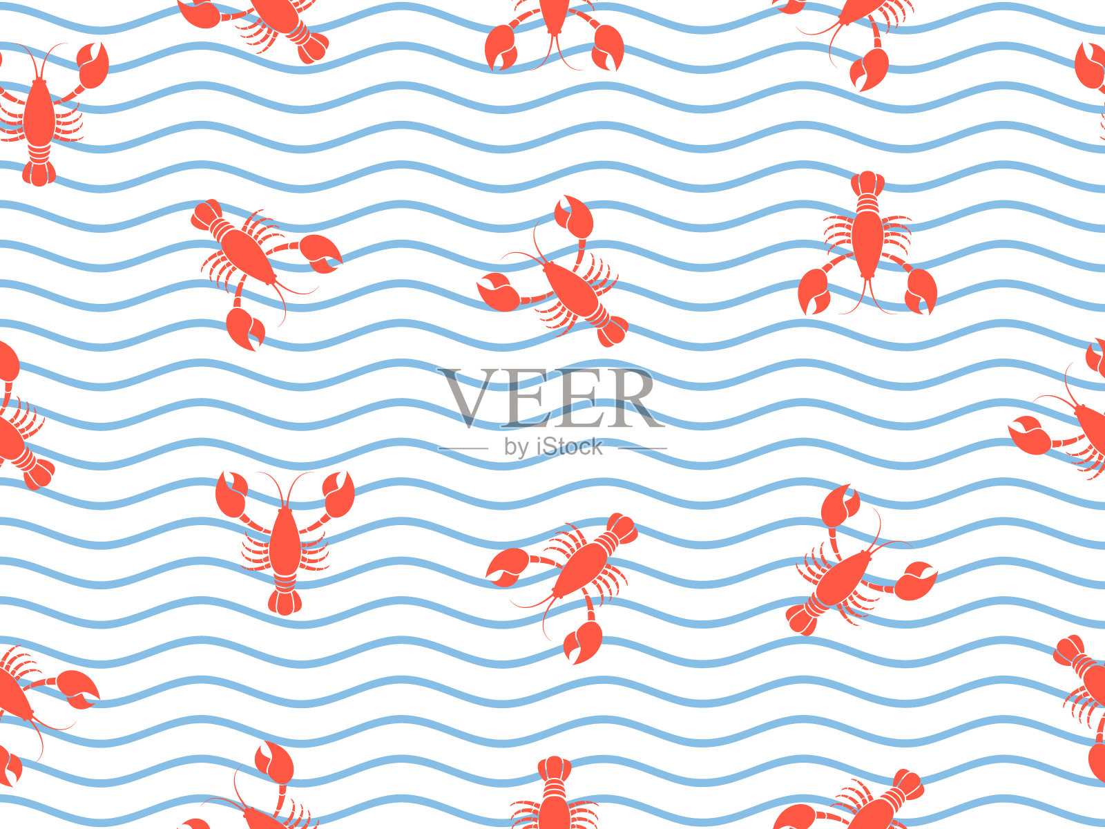 龙虾无缝图案海浪背景。插画图片素材