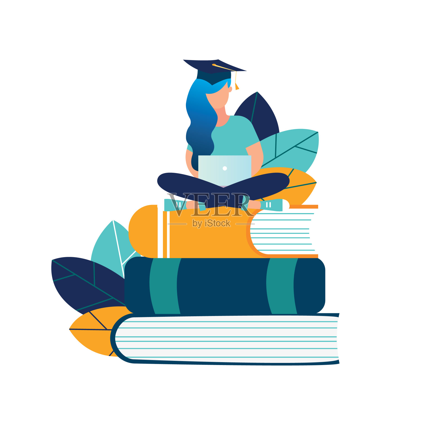 矢量插图女学生毕业生坐在书与笔记本电脑周围的绿色植物。平面设计语言课程,在线英语学校插画图片素材