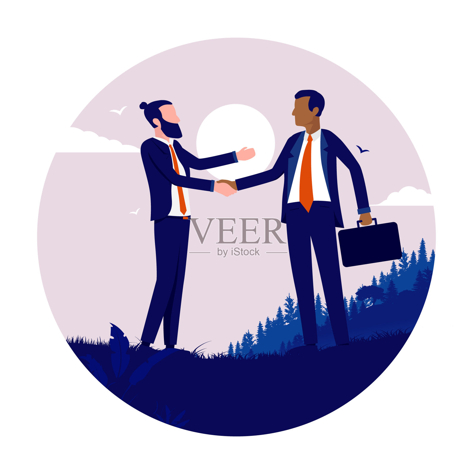 一起工作——两个肤色不同的商人在阳光下的山顶上握手插画图片素材