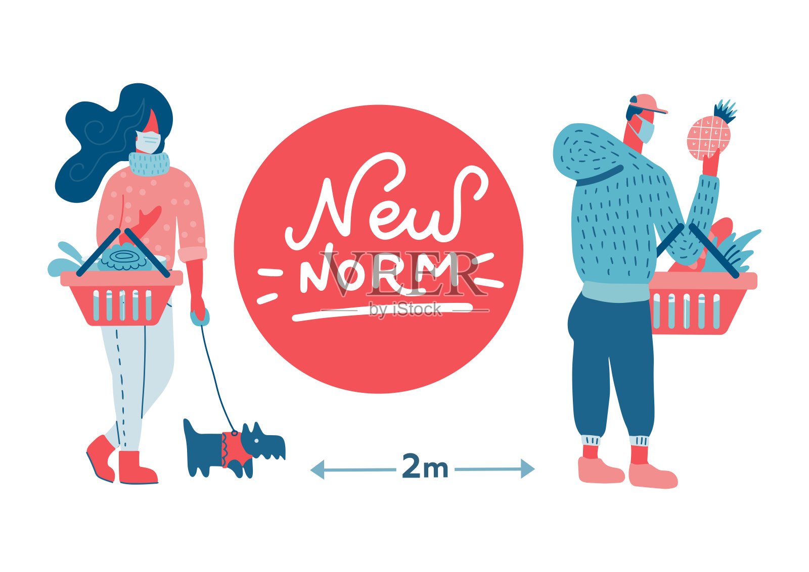 人们拿着购物篮在超市排队等候付款。防控新冠肺炎疫情新常态新的规范字母引用。平面手绘矢量插图。插画图片素材