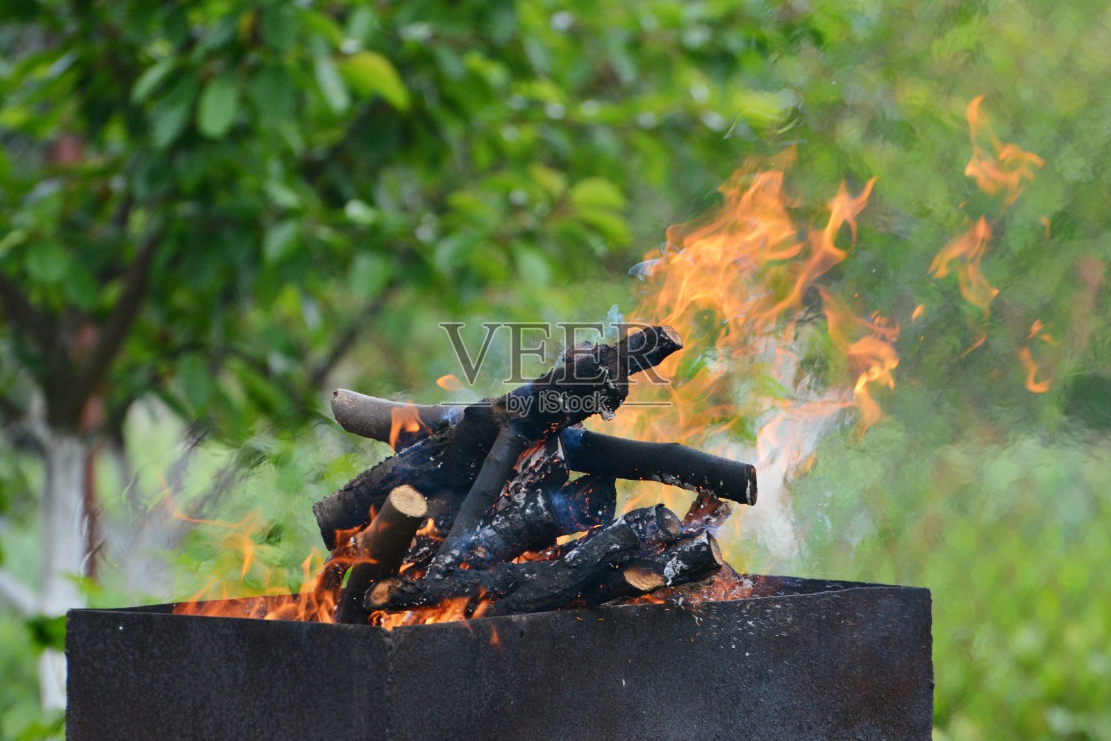 近距离观察炭架上的火照片摄影图片