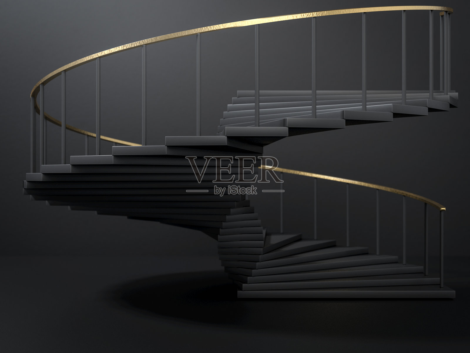黑色螺旋楼梯的3d渲染与金色扶手在空黑暗的房间。领导力和商业抱负的概念。照片摄影图片