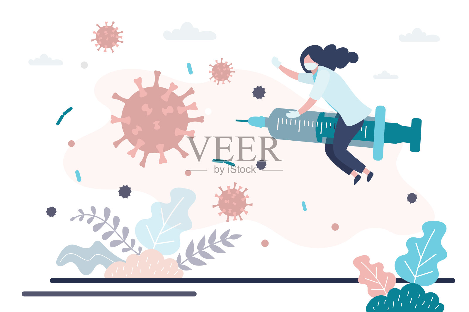 女医生正在用注射器注射疫苗。身着制服的医务人员阻止了冠状病毒和疾病的传播。插画图片素材