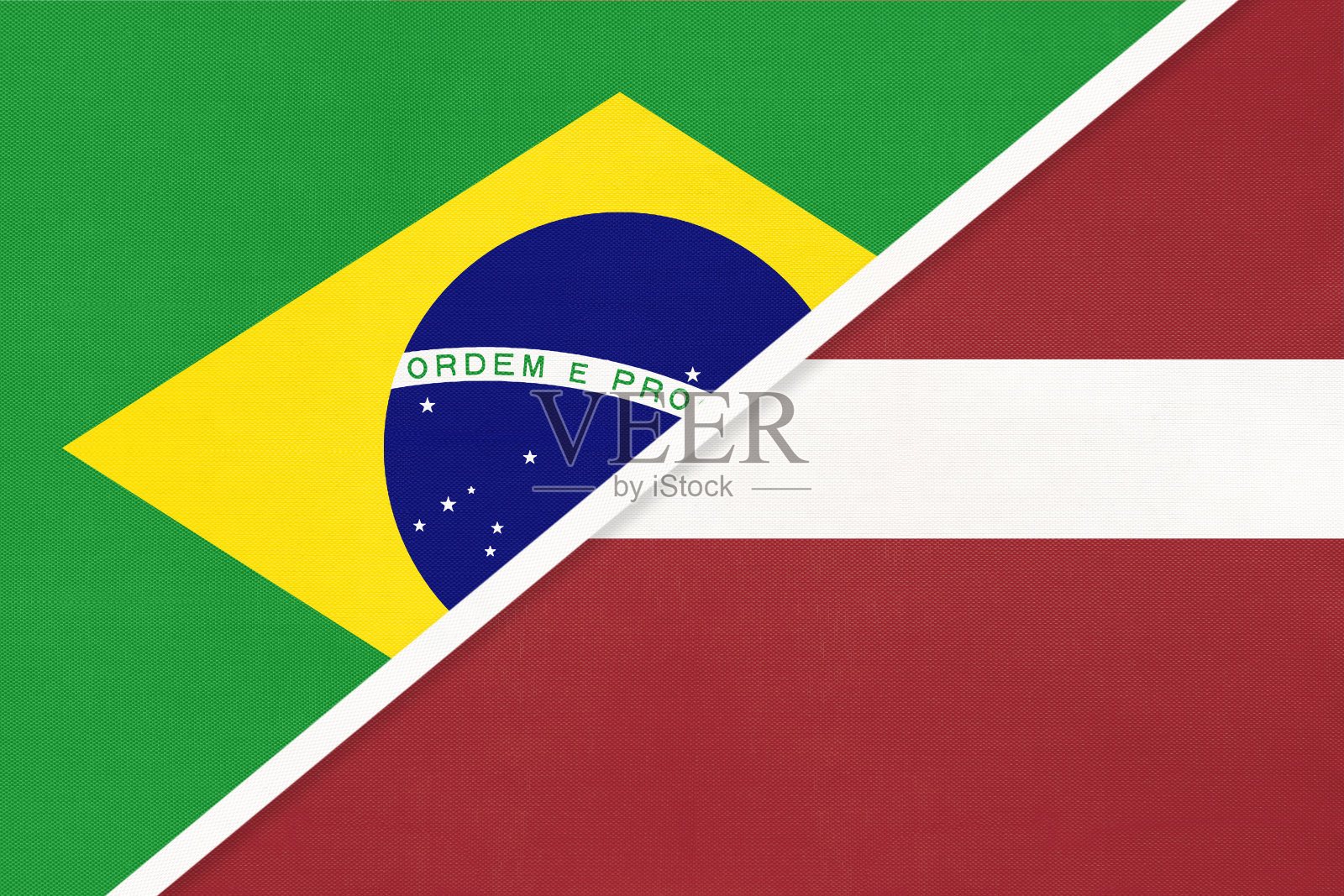 巴西和拉脱维亚国旗的象征来自纺织品。两国之间的冠军。插画图片素材