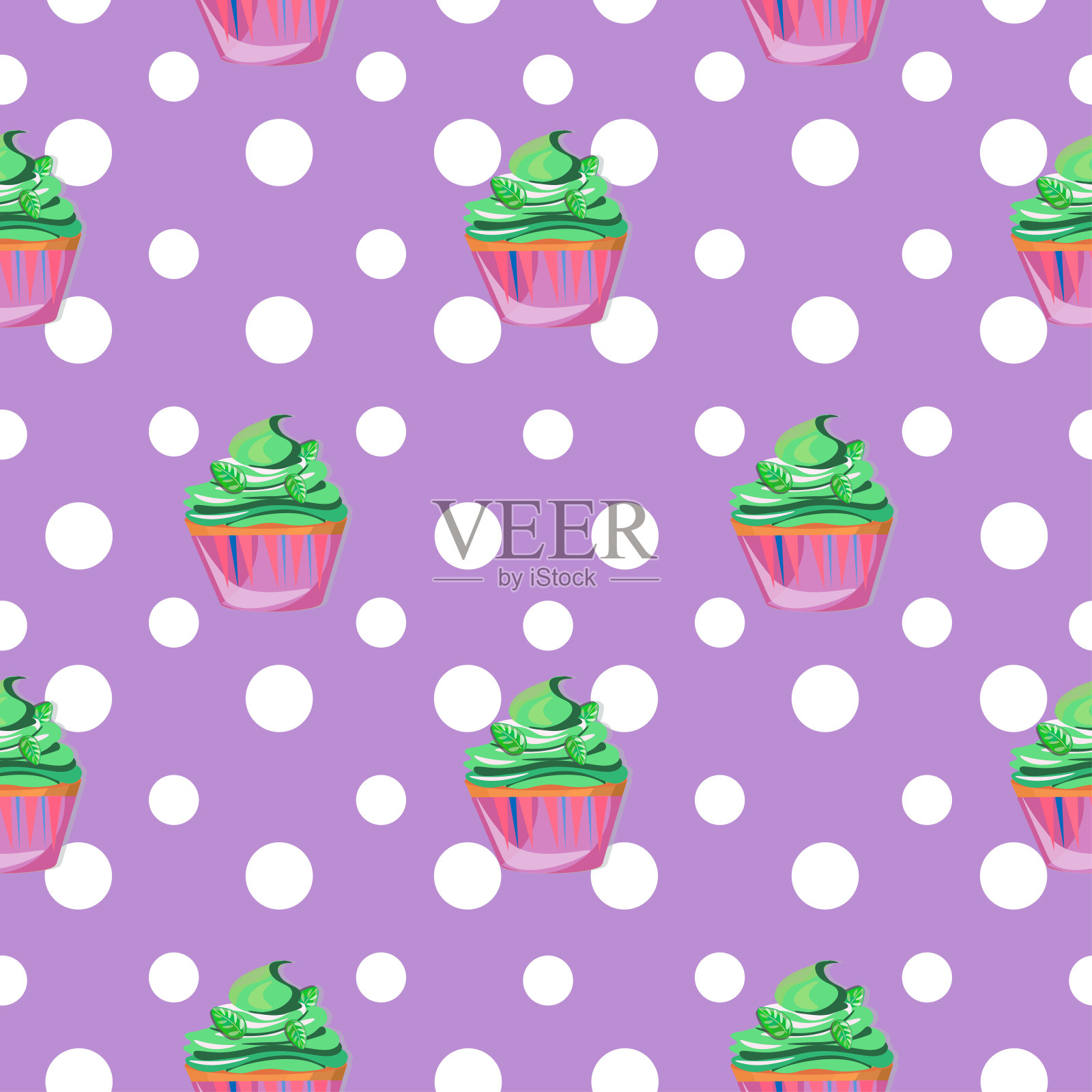 可爱的无缝图案与薄荷杯蛋糕和波尔卡点在紫罗兰的背景。插画图片素材