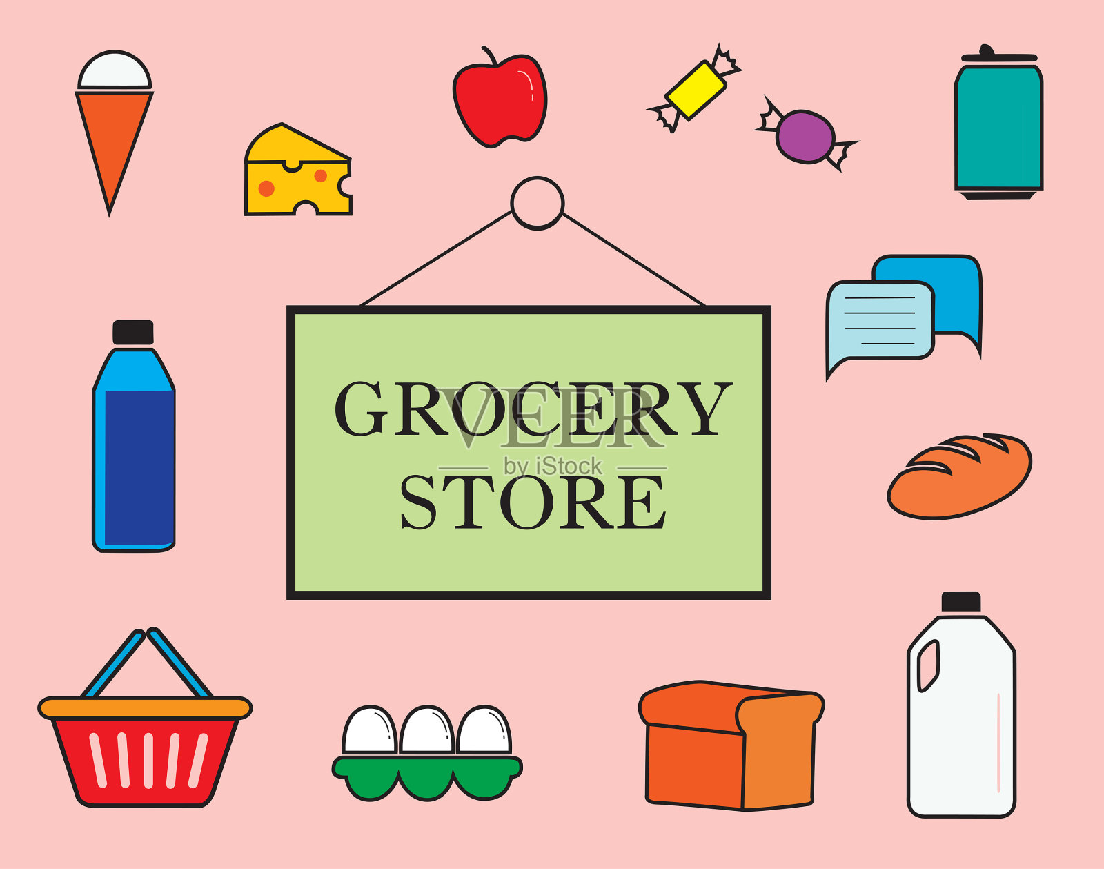 杂货店图标设置在柔和的颜色插画图片素材