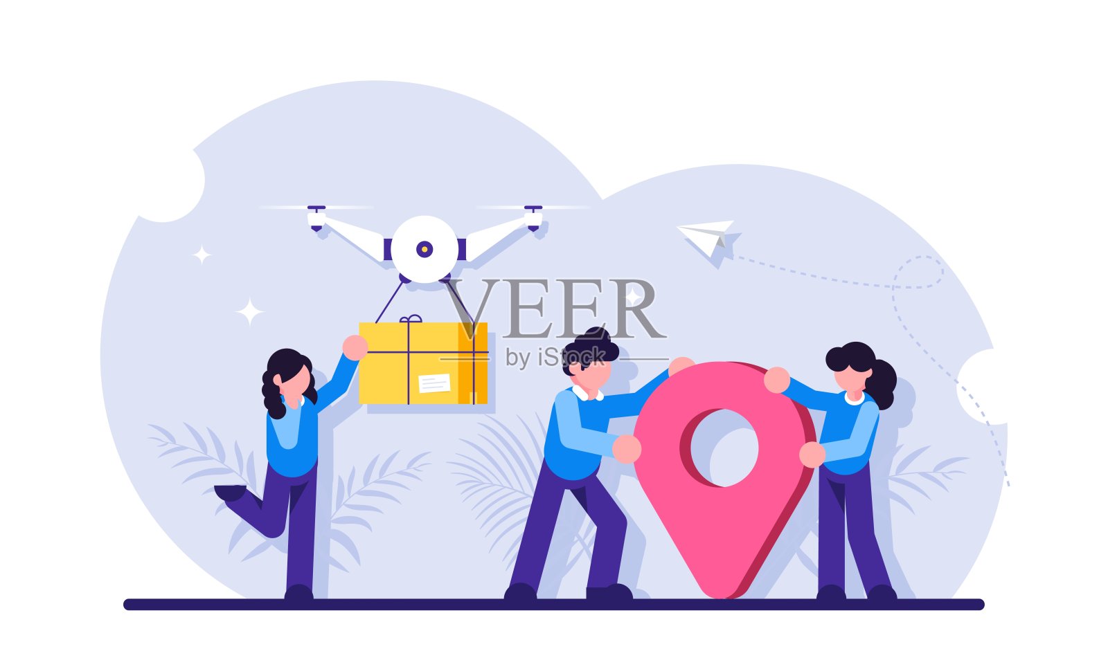 无人机配送服务理念。包裹运输的创新技术。女孩收到包裹靠近大头针标志。现代平面插图。设计模板素材