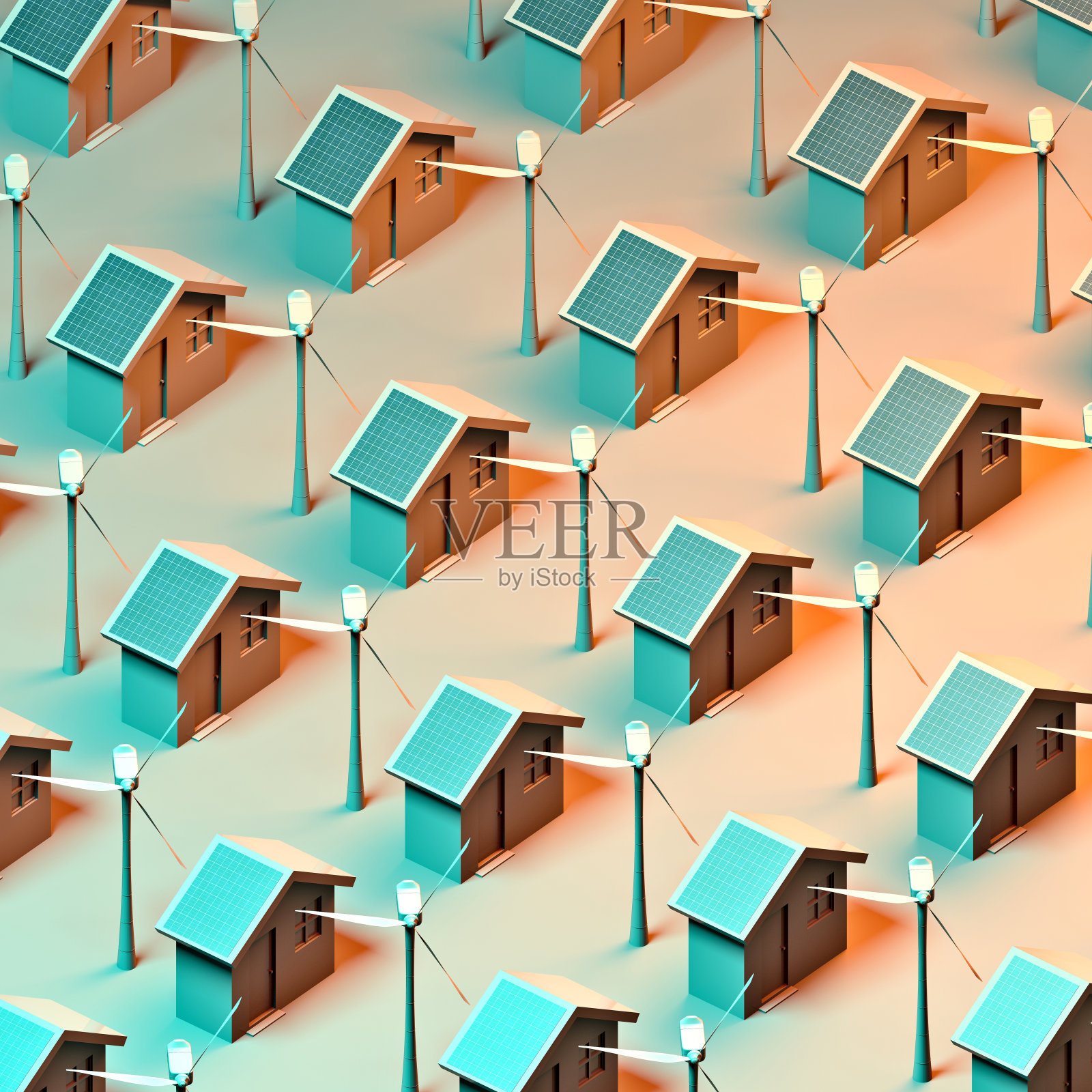 带有太阳能电池板和风力涡轮机的生态住宅。房地产市场,鼓励购买能源等级为A +的房产照片摄影图片