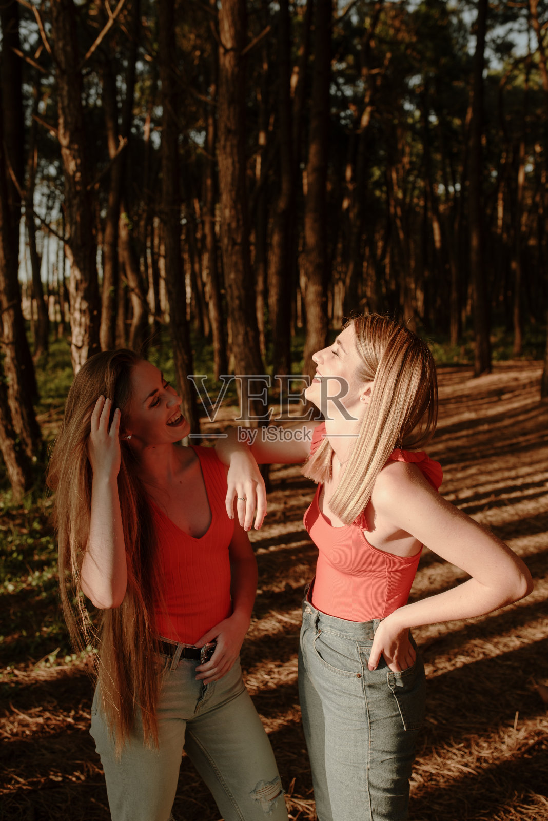 两个年轻女人在森林里聊天照片摄影图片