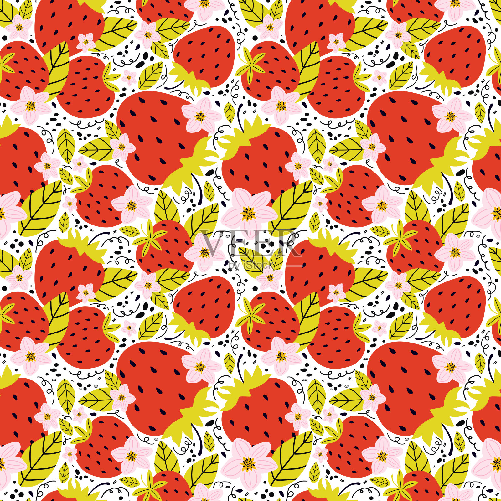 手绘无缝模式与浆果和草莓花与叶子在白色的背景。夏季背景甜浆果。创意斯堪的纳维亚儿童织物质地,包装,纺织品插画图片素材