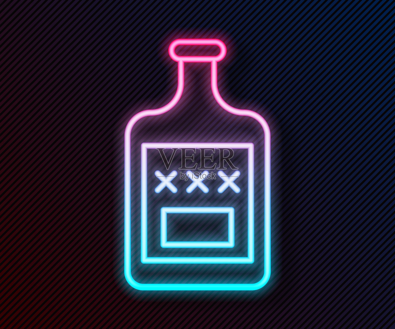 发光的霓虹灯线威士忌酒瓶图标孤立在黑色的背景。矢量图插画图片素材
