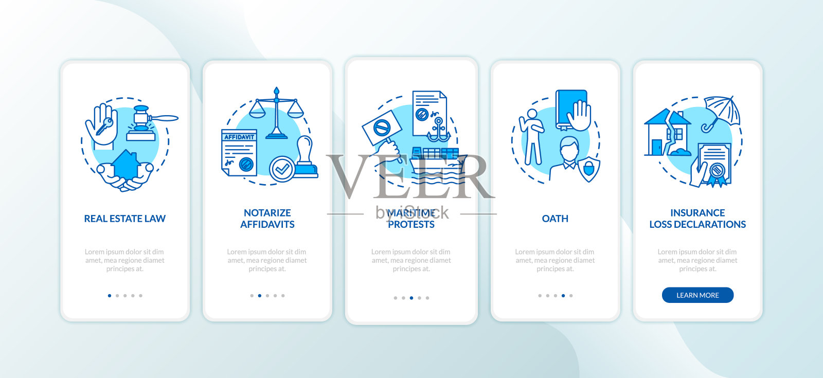 公证人服务登陆手机应用页面屏幕与概念。海上抗议。管理宣誓。浏览5个步骤的图形说明。UI矢量模板与RGB颜色的插图插画图片素材