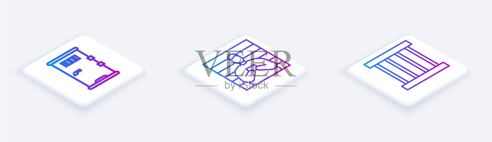 设置等距线囚室门,犯罪嫌疑人和监狱窗户。白色正方形按钮。向量插画图片素材