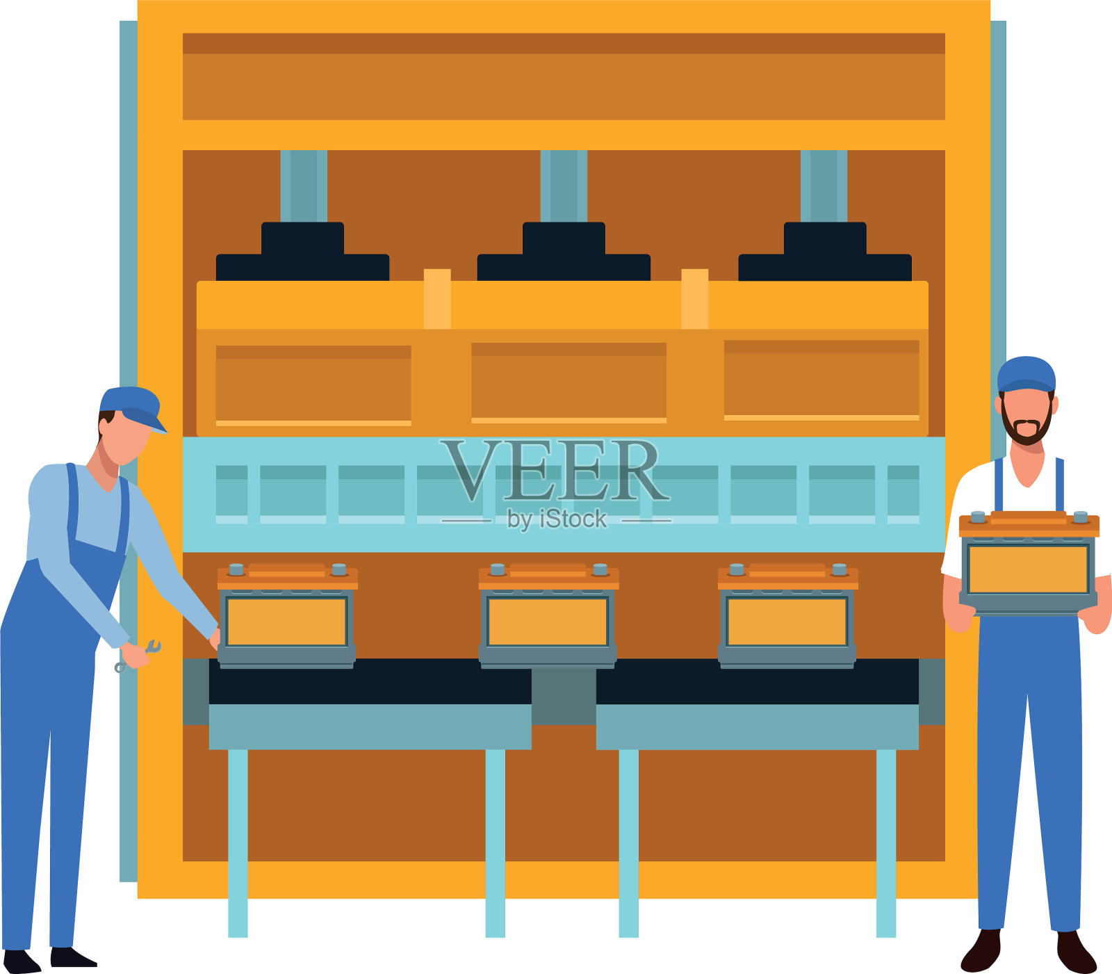 汽车机械师与汽车电池的机器插画图片素材