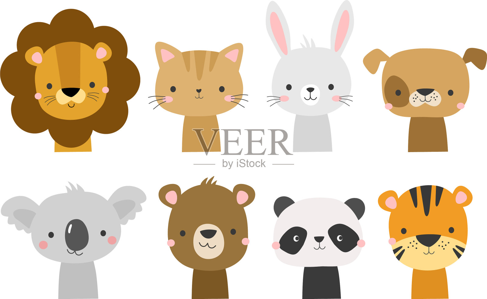 可爱的动物脸在卡通手绘风格插画图片素材