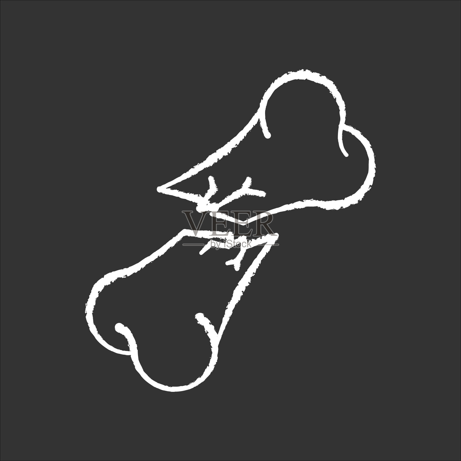 骨折粉笔白色图标在黑色背景。斜移位性骨折。事故。伤害身体的一部分。创伤的治疗。医疗条件。紧急情况。孤立矢量黑板插图插画图片素材