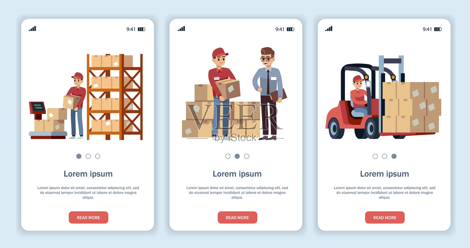 物流主题运输与叉车,卡车配送装载机与箱,孤立矢量平面模板集插画图片素材