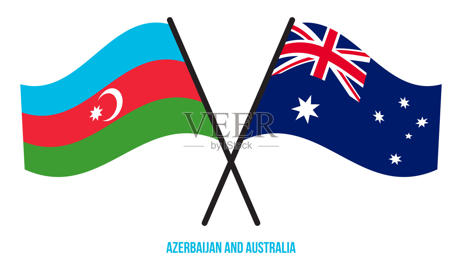 阿塞拜疆和澳大利亚旗帜交叉和挥舞扁平风格。官方的比例。正确的颜色。插画图片素材