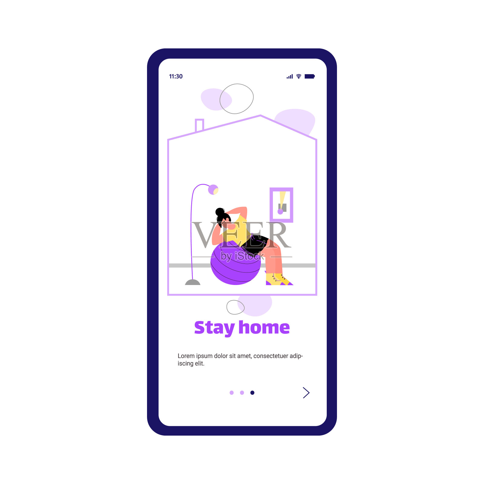 居家隔离运动应用卡通女人和健身球插画图片素材