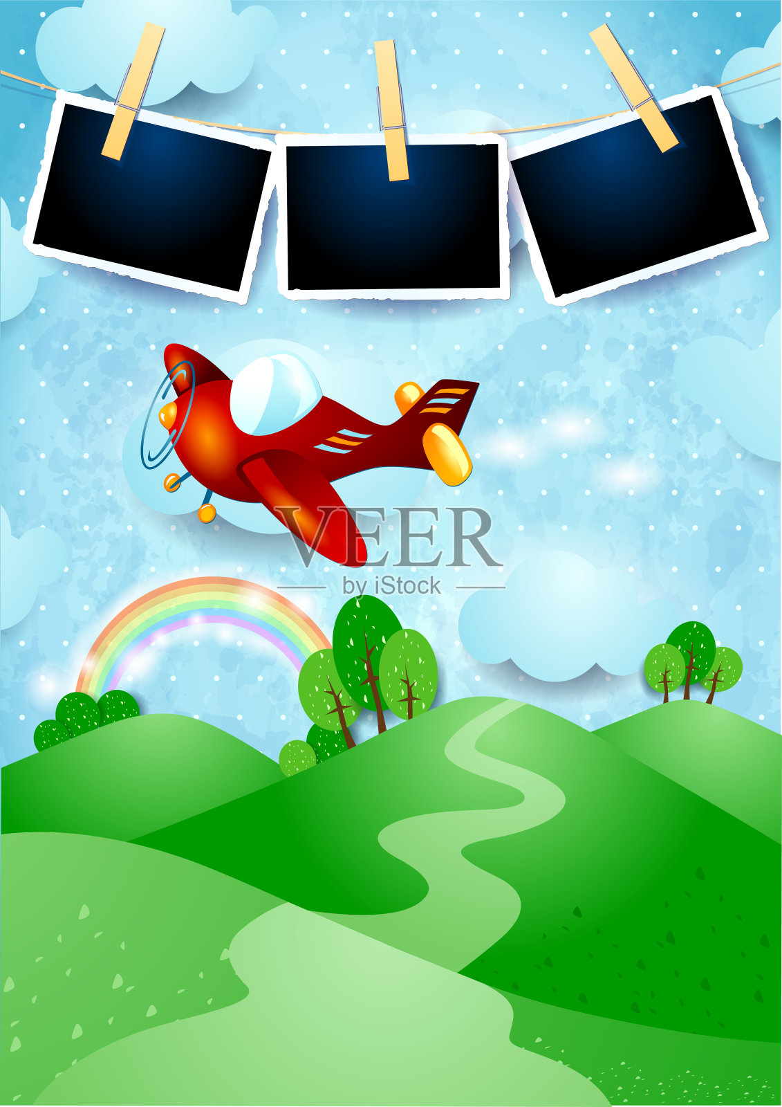 纸景观与山,飞机和相框插画图片素材