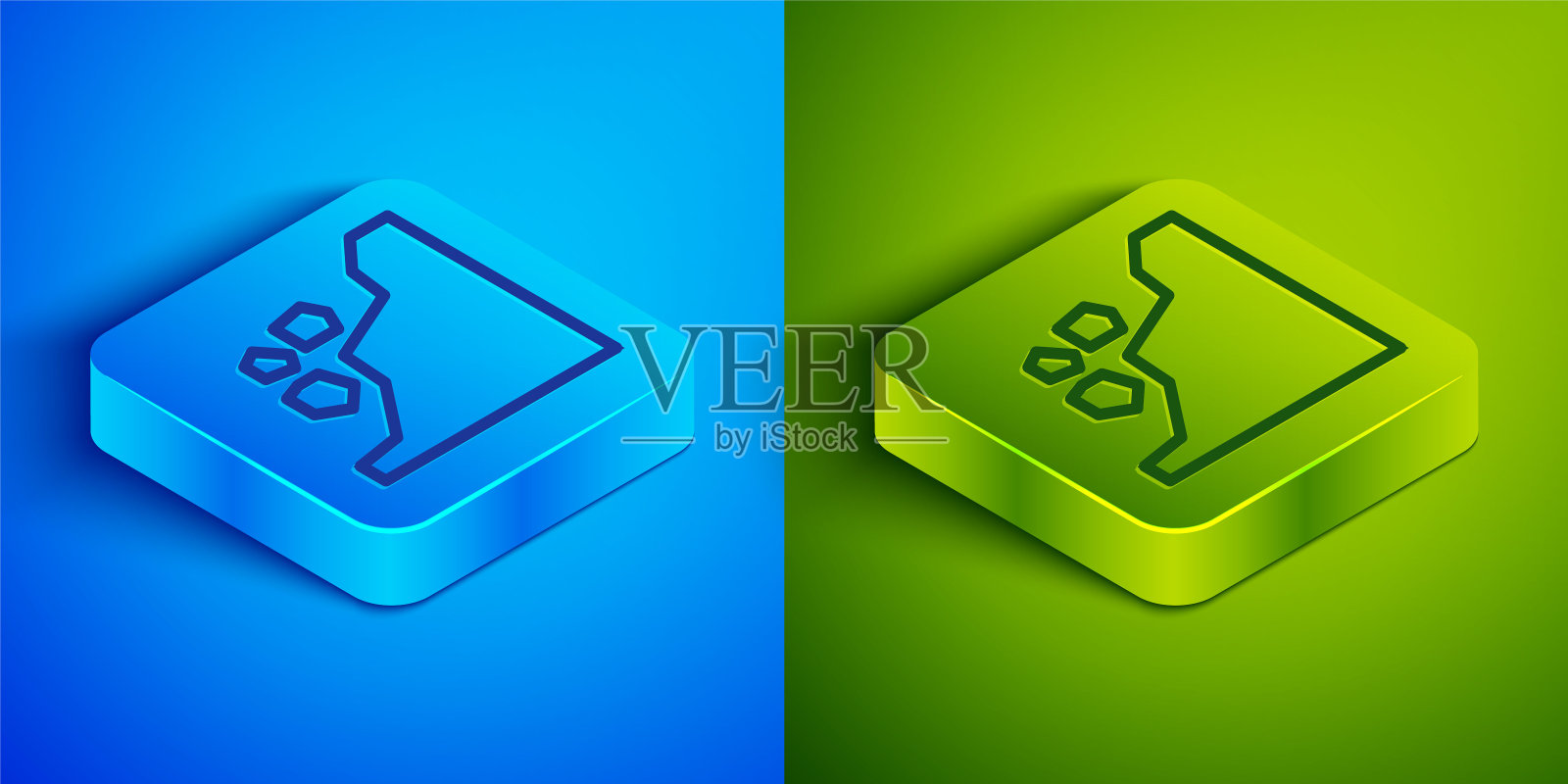 等距线滑坡图标孤立在蓝色和绿色的背景。石头从岩石上掉下来。巨石从山上滚下来。落石。方形按钮。矢量图图标素材