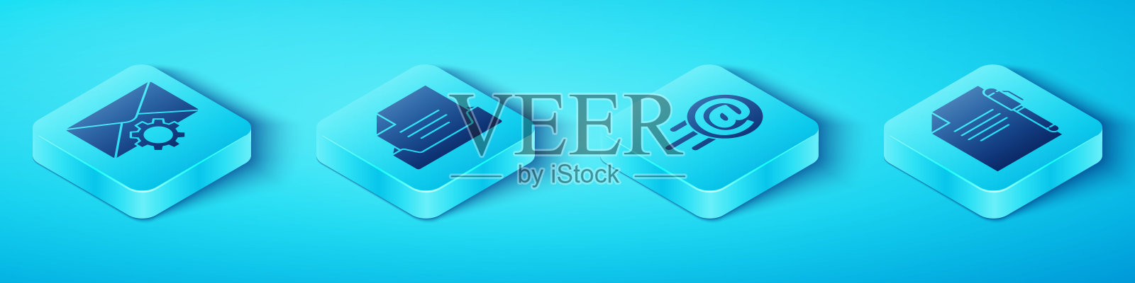 设置等距信封设置,抽屉与文件,文件和笔和邮件和电子邮件图标。向量插画图片素材