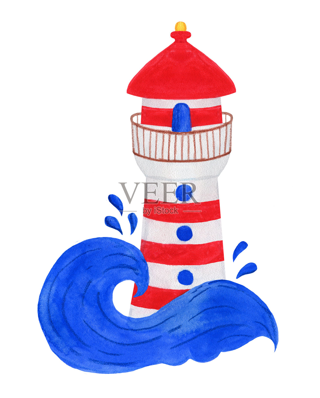 红色条纹的灯塔,窗户上海浪拍打着。插画图片素材