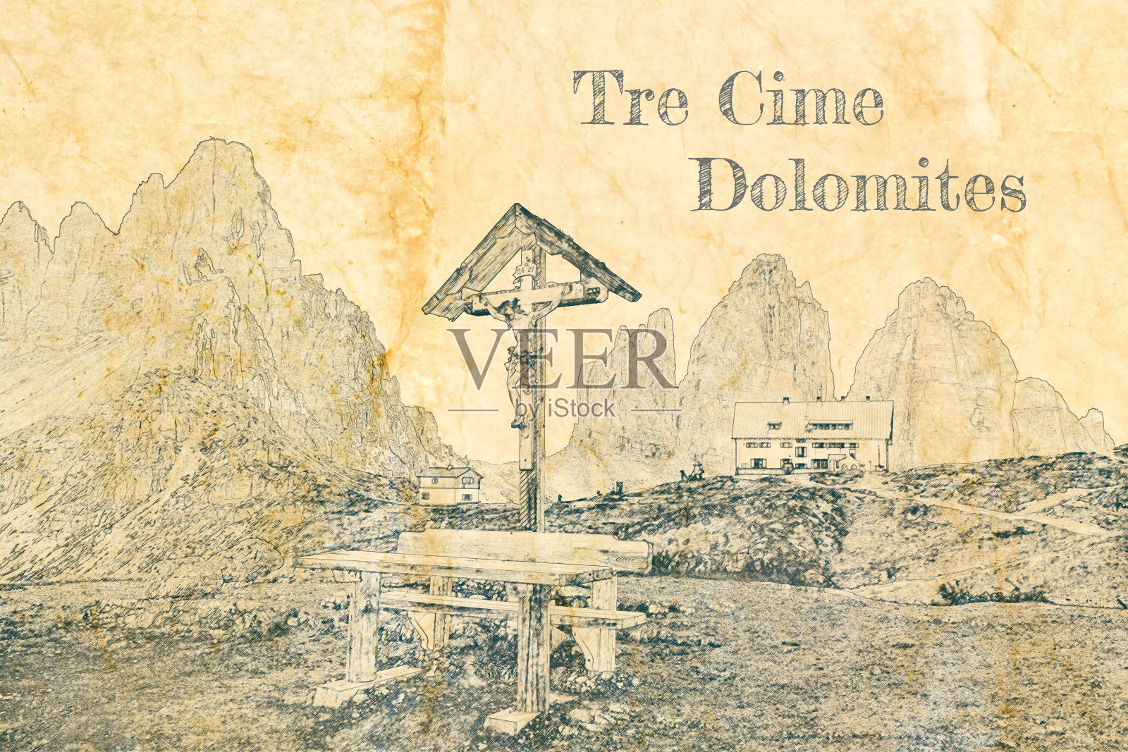 素描的基督教十字架,Tre Cime和Dreizinnen小屋,白云石插画图片素材