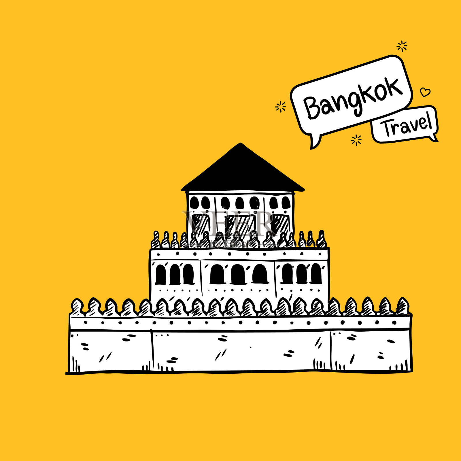 手绘涂鸦。Phra sumen fort在曼谷城插画图片素材