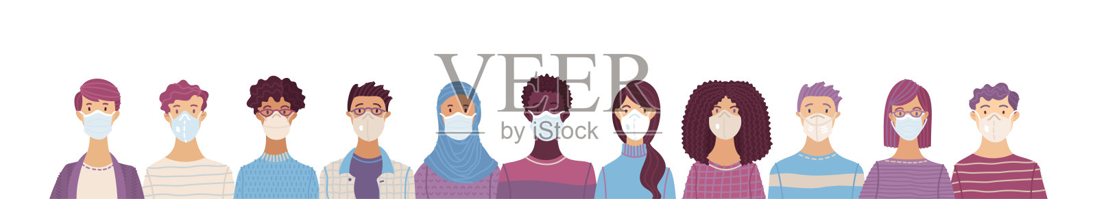 多文化人群戴着医用口罩插画图片素材