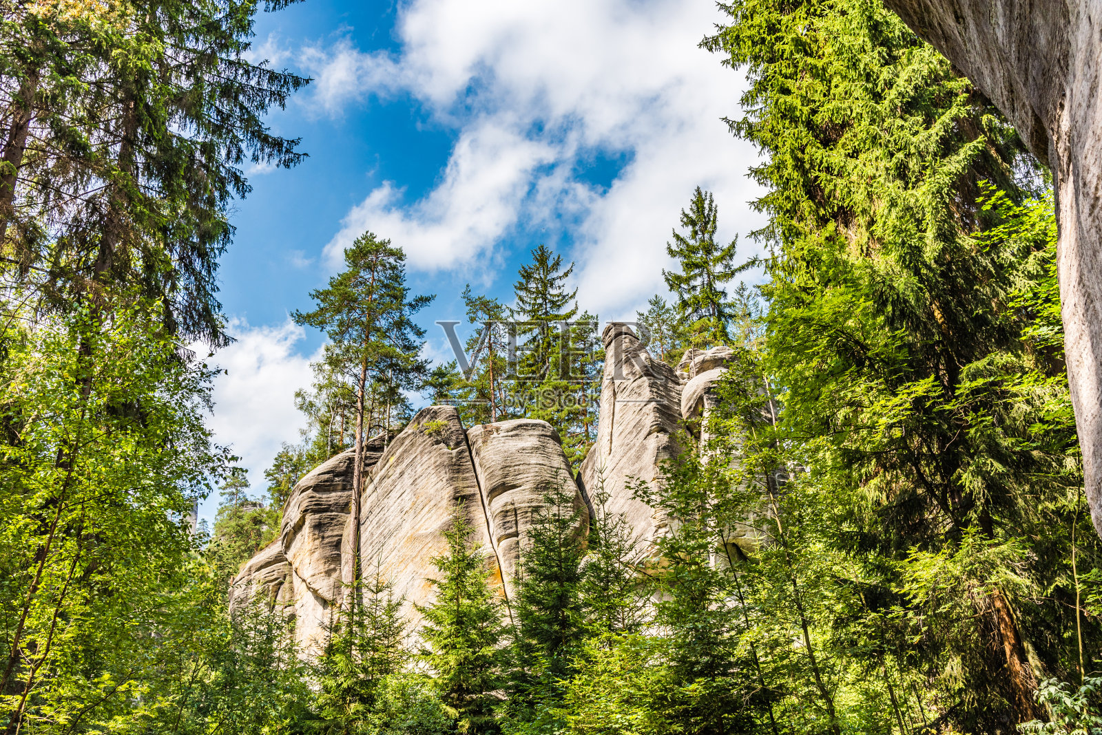 森林中央的巨大岩石,蓝色多云的天空作为背景照片摄影图片