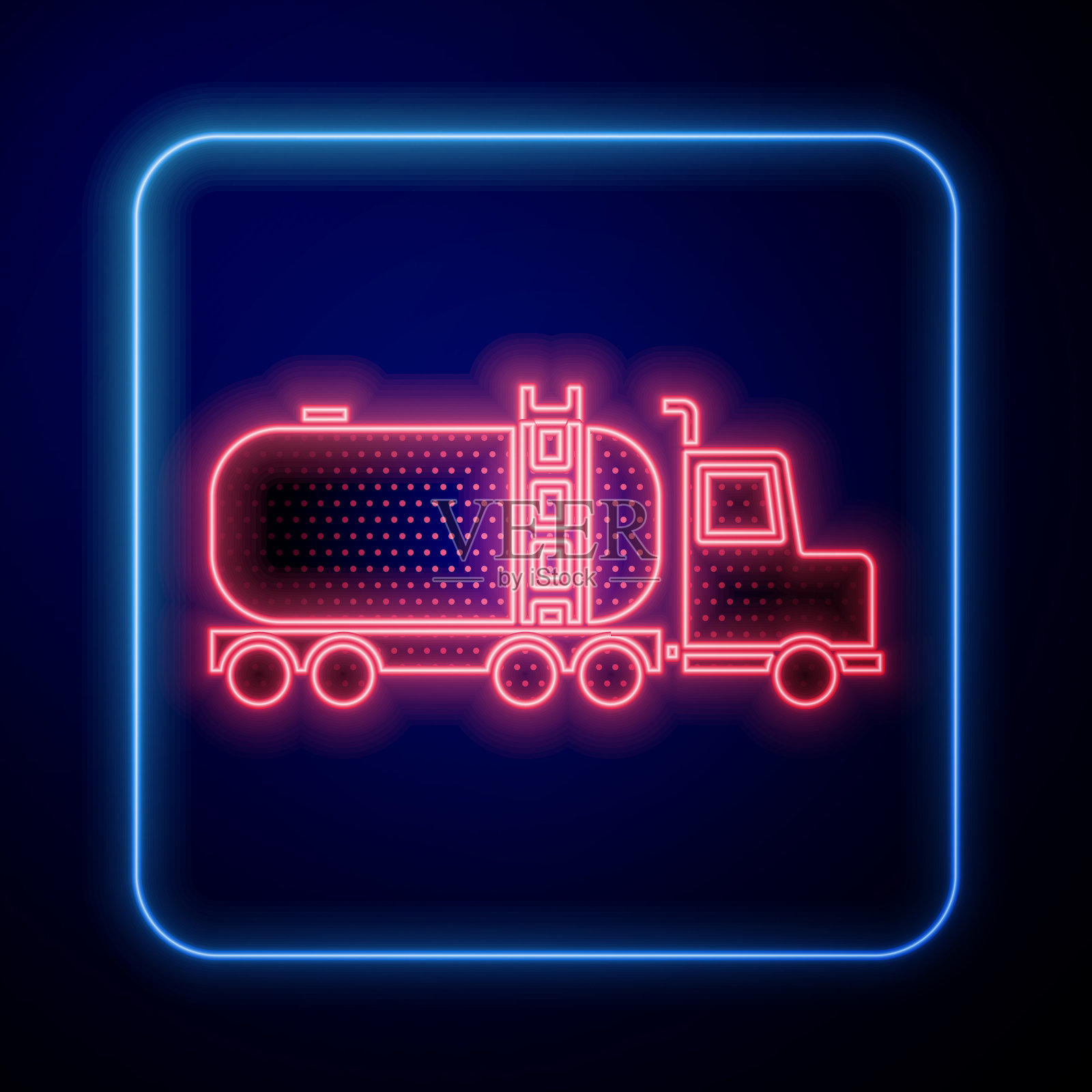 发光的霓虹灯油罐车图标孤立在蓝色插画图片素材