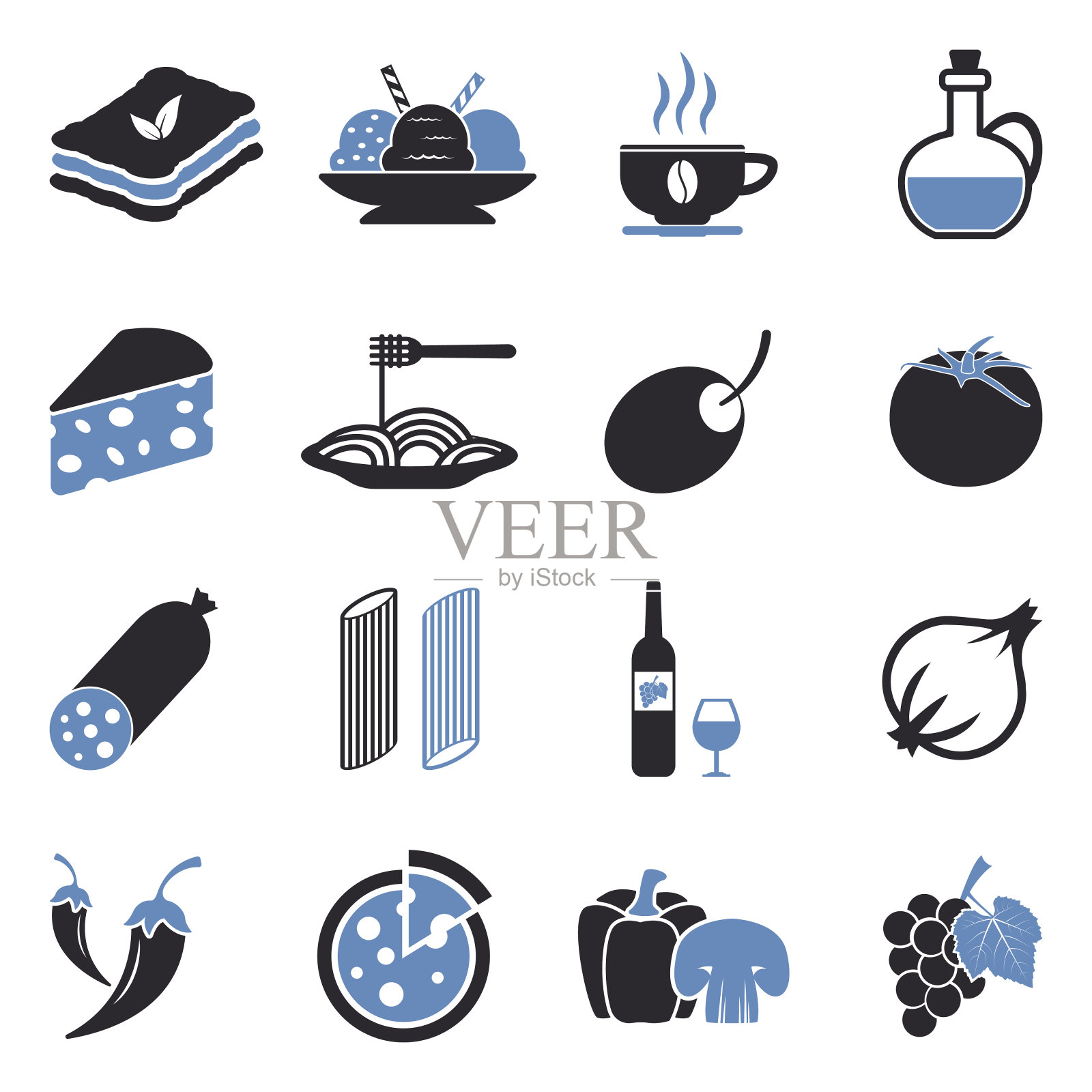 意大利菜肴图标。双色调平面设计。矢量插图。图标素材