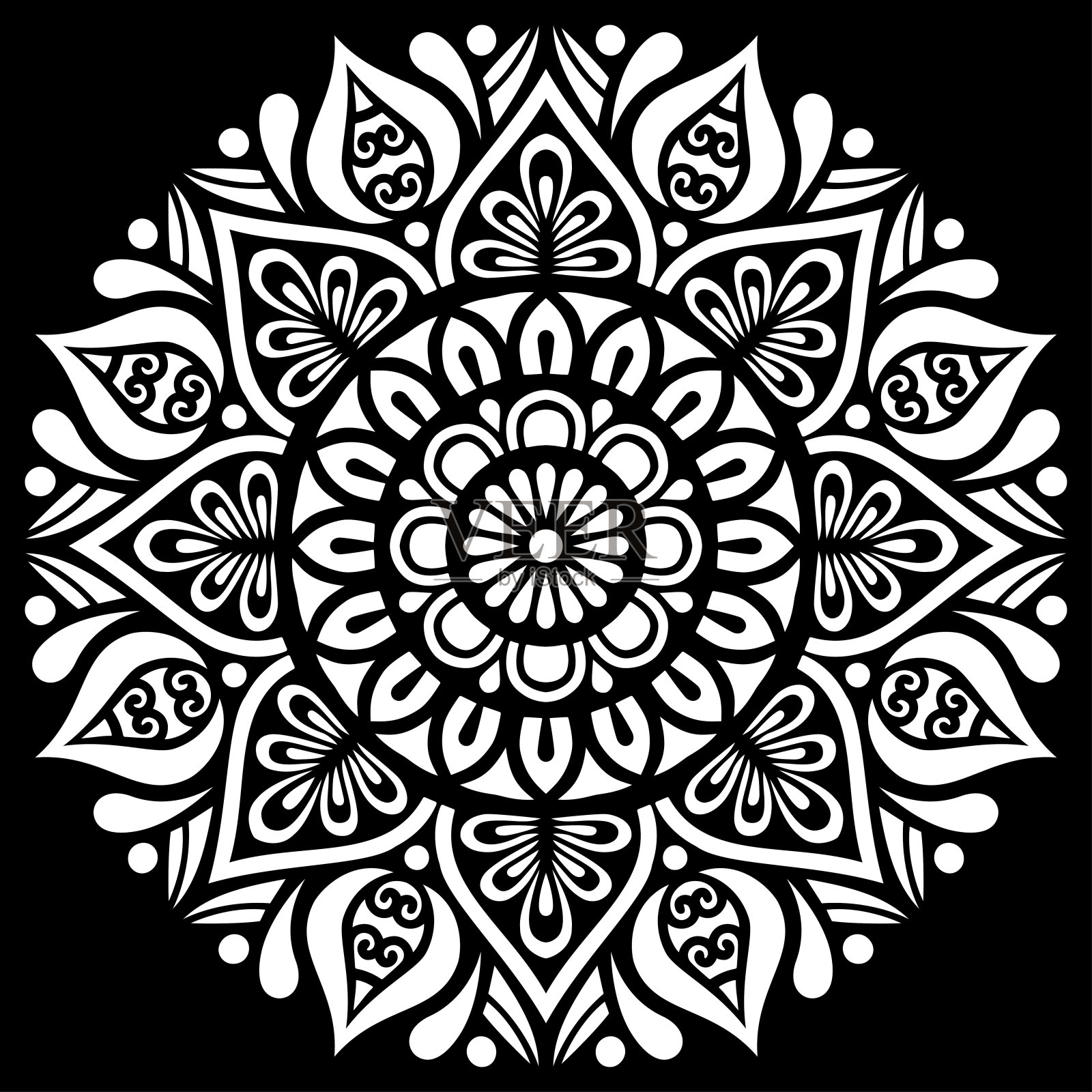 白色曼荼罗在黑色图案模板涂鸦素描插画图片素材