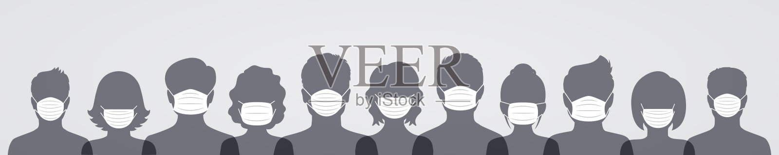 一群人戴着医用口罩。一群保护自己免受大流行性传染病感染的人。冠状病毒- COVID-19、病毒污染、污染、抗病毒载体插画图片素材