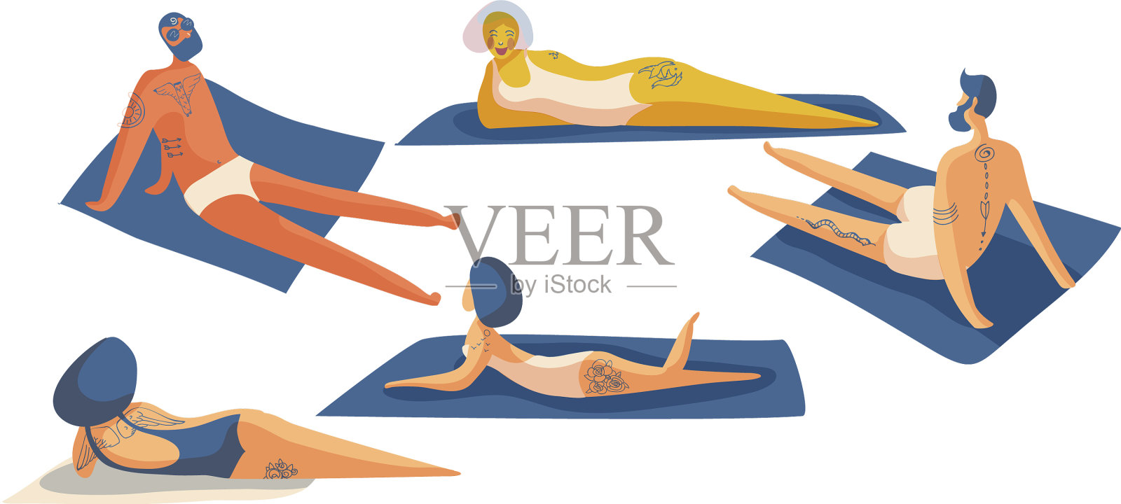 人们穿着泳衣躺在沙滩上插画图片素材