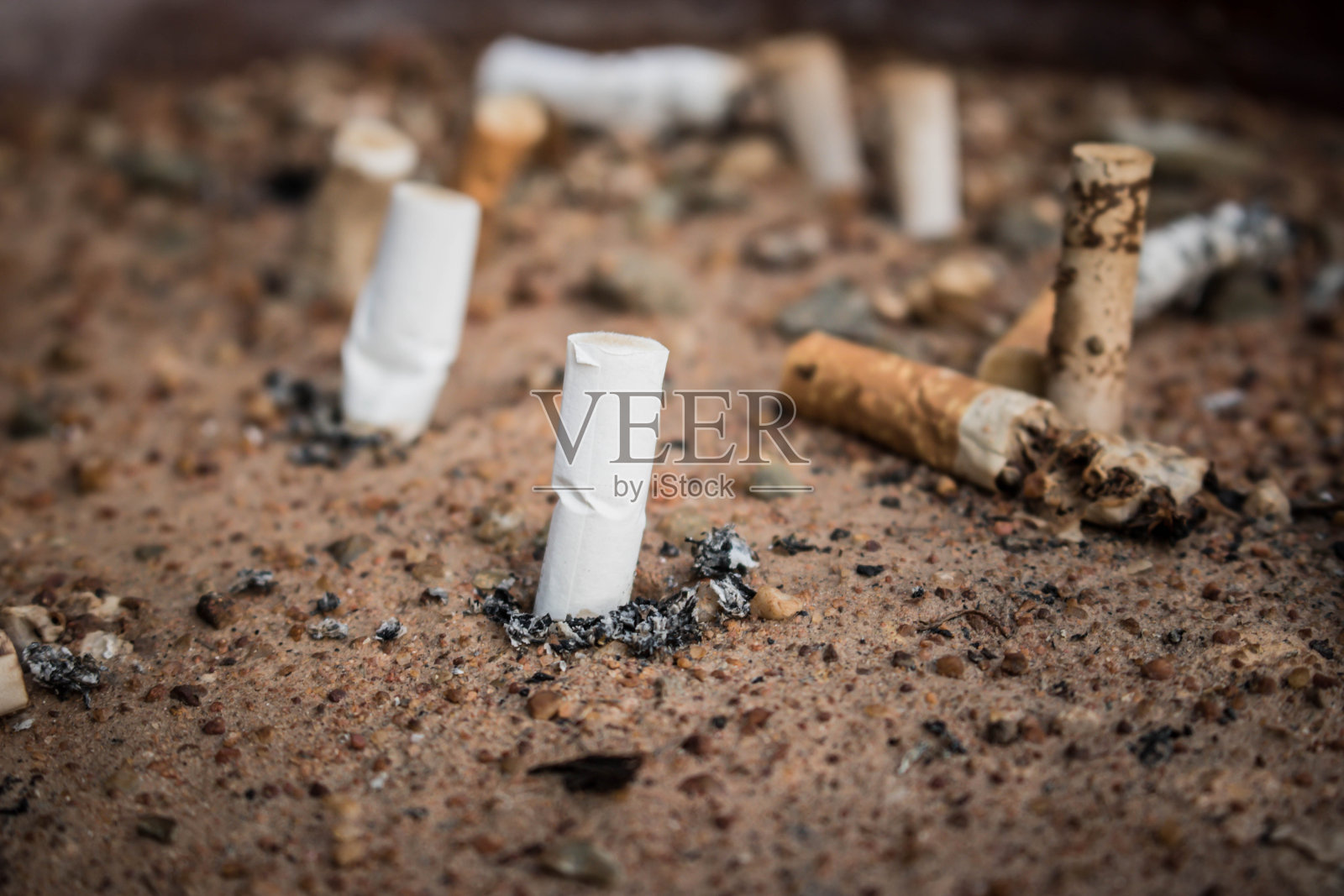 黄沙里的烟头。人性的问题。吸烟,坏习惯。尼古丁上瘾。垃圾。复古风格。照片摄影图片