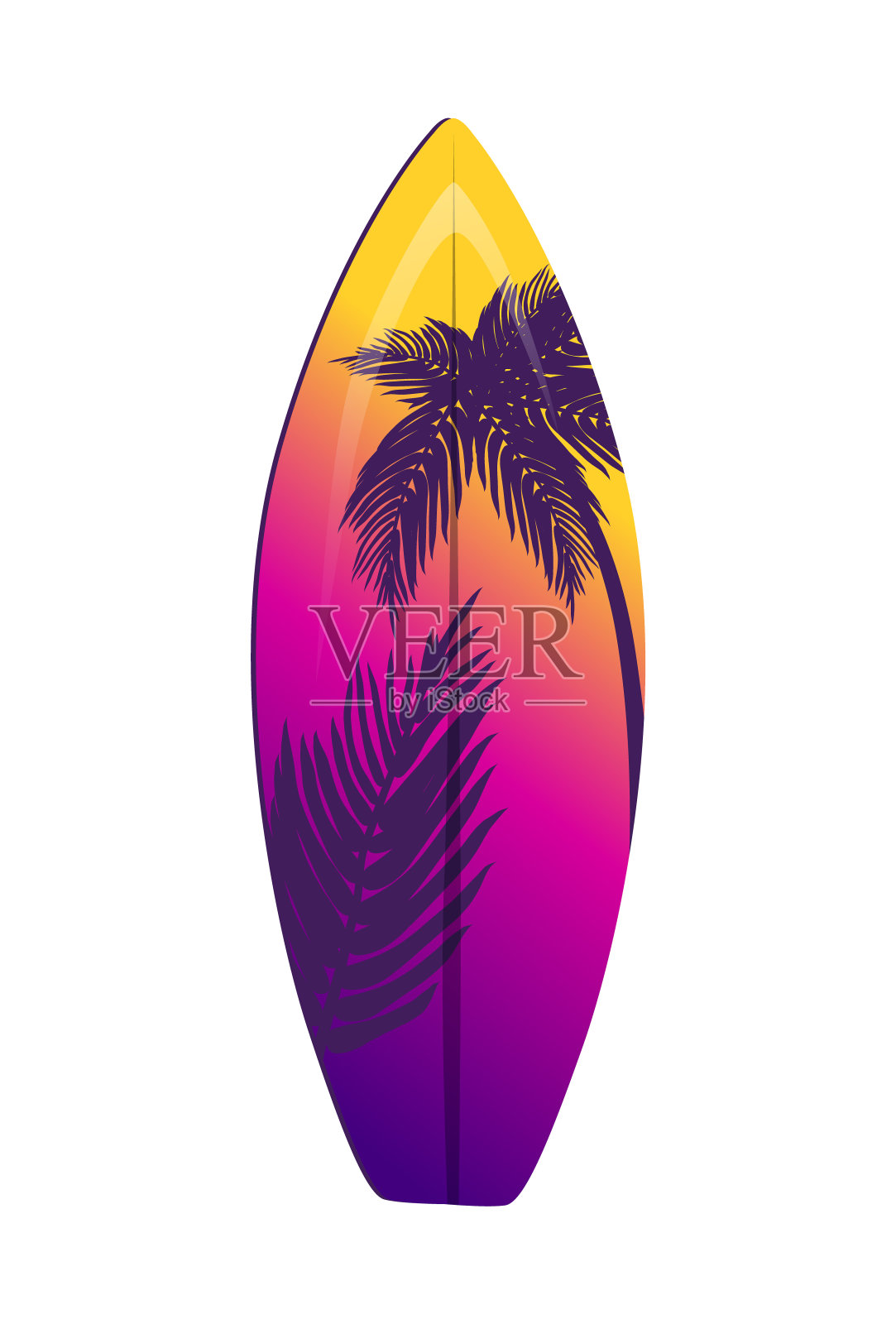 明亮的冲浪板与手掌和梯度背景插画图片素材