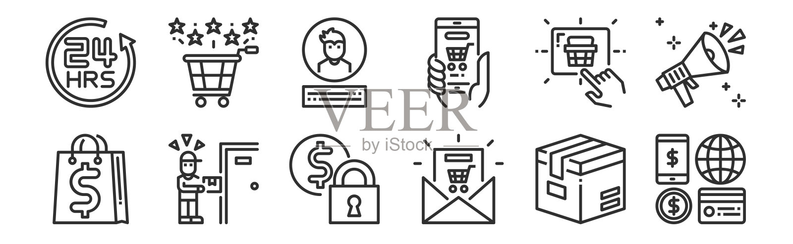 一套12瘦轮廓图标,如支付方法,电子邮件营销,送货员,购买,我的帐户,网络,移动评级图标素材